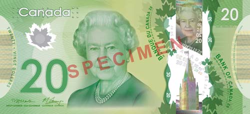 Canadian twenty dollar bill, front