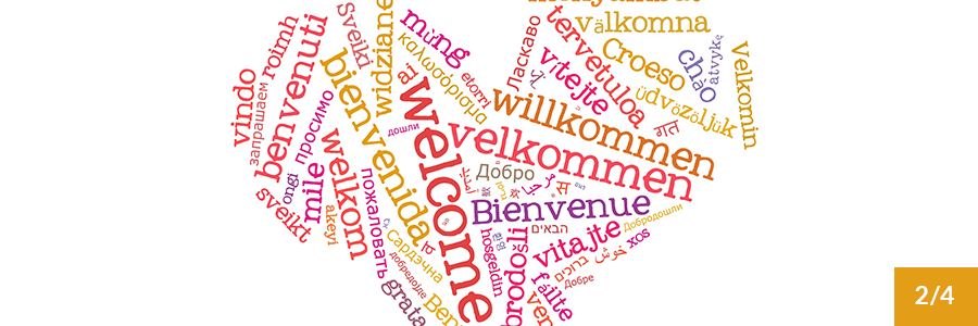 The word "Welcome" in many languages, forming a heart shape.