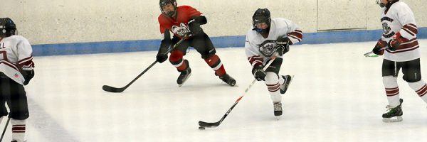 Children playing a game of ice hockey.