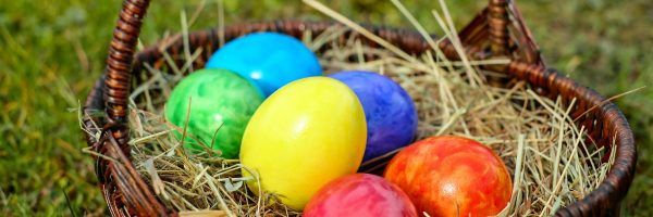 A basket of coloured eggs