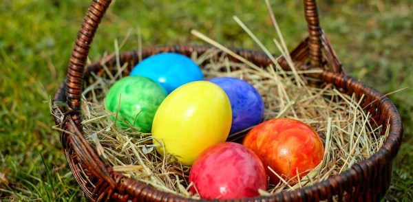 A basket of coloured eggs