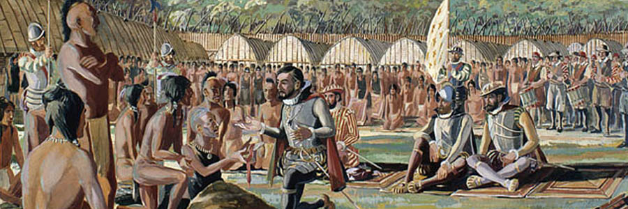 Illustration of Jacques Cartier meeting with Indigenous Peoples in 1535