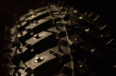 Close-up of studded tires