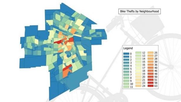 Map of bike thefts by neighbourhood in Winnipeg