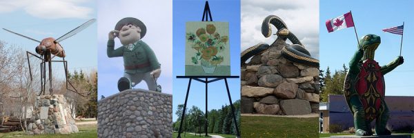 a collage of photos of Manitoba roadside attractions