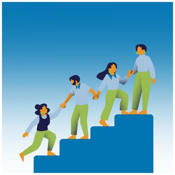 Illustration of people on steps pulling each other up