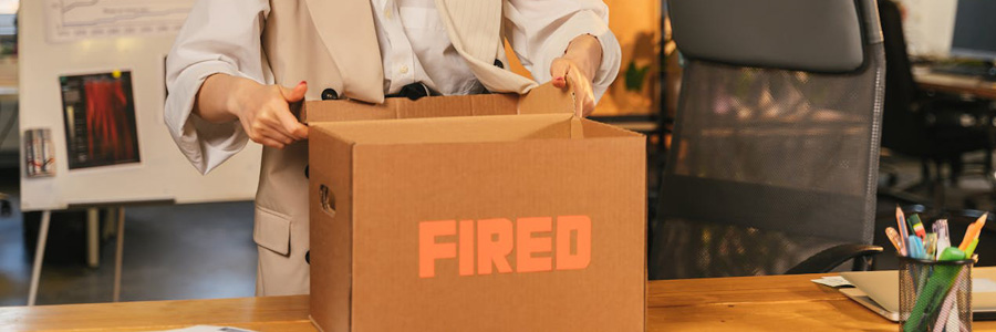 Lady packing her stuff in a box marked "fired"