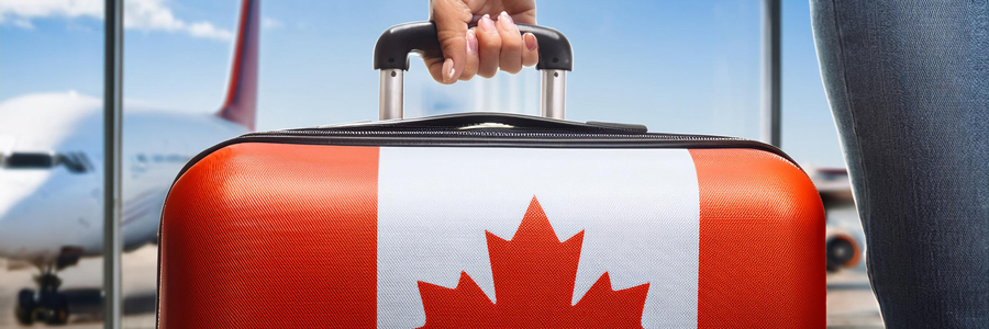 Hand holding luggage with Canadian flag partly seen